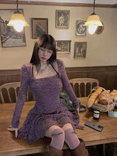 Gothic Black Lace Dress Women Y2K Fall Vintage Elegant Square Collar Purple Mini Dress Streetwear Sexy Slim Party Vestidos New voguable