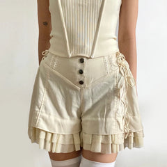 Voguable Sweet Mesh Tiered Ruffle Shorts Skirts Khaki Wide Form Side Bandage Cute Hot Pants Lolita Style Soft Girls Shorts Y2K voguable
