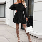 Voguable Elegant Lady Solid Color Vintage Velvet Dress Temperament Long Sleeve Commute Dress Casual Slash Collar High Waist A-line Dress voguable