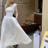 Elegant Stitching Dress Female Korean Chic Square Collar Short Sleeve Beach Party Dress Ladies High Waist All-Match A Line Dress voguable