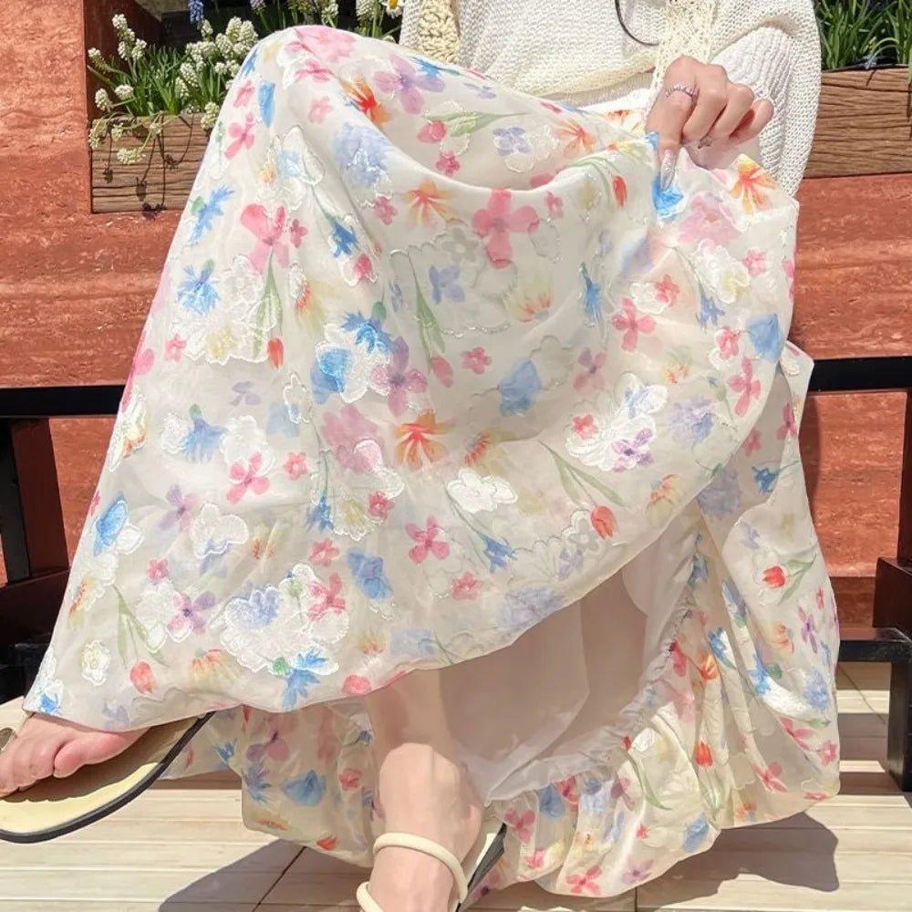 Voguable New Sweet Mujer Faldas Print Bud All-match Ball Gown Fresh Mujer Falda Lace Up Mid-length Gentle Casual Skirt voguable