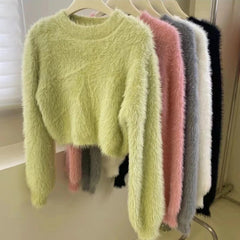 Women's Fuzzy Knitt Top Long Sleeve Mock Neck Fluffy Sweater Pullovers Cozy Plain Jumper Teen-girl Fall Winter Y2K Outfit voguable