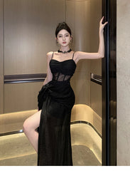 Voguable Summer New Black Slim Waist Women's Dresses Split Sleeveless French Style Sexy Fashion Female Evening Dress Party Club voguable