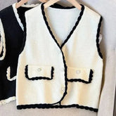 Voguable V Neck Sweater Vest Women Fashion Small Fragrance Button Patchwork Sleeveless Cardigan Solid Simple Casual Fall All Match Tops voguable