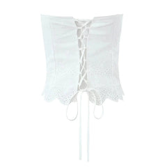 Women Hollow Out Embroidery White Strapless Top Sexy Backless Lacing Up Back Holiday Summer Crop Top Cotton voguable