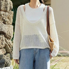 Women's Pointelle Knit Top Scoop Neck Long Sleeve Openwork Pullover Sweater Hollow-out Tops Summer Cover Up Boho Chic Outfit voguable