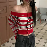 Voguable Vintage Striped Sweater Women Harajuku Cropped Slash Neck Knitted Pullovers Sexy Gyaru Knitwears Korean Long Sleeve Jumpers New voguable