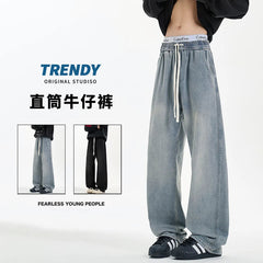 New Men's Jeans Washed Jeans Pants Unisex Drawstring Denim Pants Male Streetwear Korean Straight cylinder loose Cowboy Trousers voguable