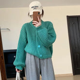 Warm Color Vintage Fashion Women Sweater Coat New Korean All-match V-Neck Knitted Lantern Sleeve Chic Loose Thick Cardigans Tops voguable