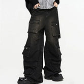 Summer Men's American High Street Multi Pocket Wide Leg Jeans Loose Hip Hop Straight Techwear Denim Handsome Pants voguable