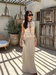 Elegant Solid Women Skirt Set Fashion O-neck Lace Up Sleeveless Pleated Vest Suit 2024 Lady White High Waist Long Skirts Outfits voguable