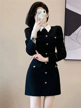 Lady Elegant Tweed Short Dress For Women Turn Down Collar Metal Buttons Autumn Dress Slim High Waist Black Fashion Dress voguable