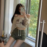 Deeptown Coquette Japanese Y2k Off Shoulder Sweatshirts Women Kpop Vintage Graphic Hoodies Korean Long Sleeve Beige Crop Outfits voguable