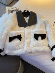 Women Sweet Bow Faux Lamb Coat Fashion Korean Long Sleeve Winter Warm Jacket Chic Slim Patchwork Elegant Pockets Outwear voguable