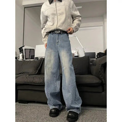 Jeans Men Loose Wide Leg Trousers Unisex low-rise jean Men's Denim Pants Old Blue Washed Male Jeans Straight Patchwork mop pants voguable