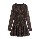 Voguable Printed Mesh Pleated Mini Dress Women Evening Gown Long Sleeve O-neck Chic Dresses Female Street Autumn Lined Holiday Robe voguable