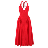 Red Elegant Slim Evening Party Dresses For Women Sexy Backless Low Waist A-line Midi Long Halter Dress Cotton Robe voguable