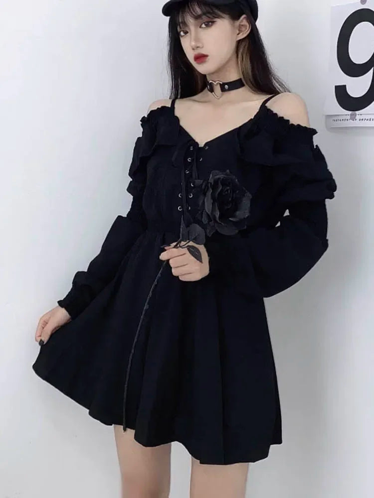Harajuku Gothic Women Dress Y2K Summer Sexy Off Shoulder Black Bandage Mini Dress Fashion Elegant Party Night Vestidos New voguable