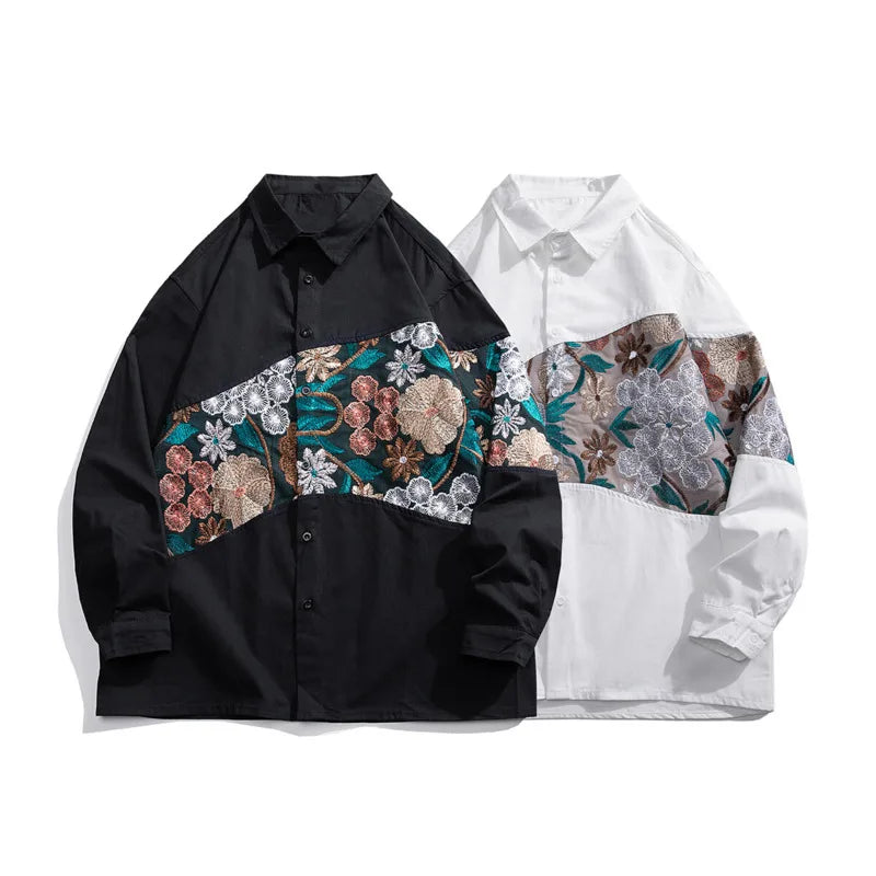 Long Sleeved Shirt Men Fashion Retro Flower Shirt Mens Japanese Streetwear Hip-hop Loose Embroidered Shirt Men Large Size 5XL voguable