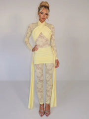 Sexy Lace Jumpsuit Women Sheer Lace Patchwork Long Sleeve Jumpsuits Female Elegant Draped Ruched Skinny Jumpsuit voguable