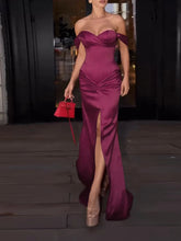 Voguable Fashion Color Blocked Slim Banquet Dress Temperament Luxury Satin Split Prom Gown Autumn New One-shoulder Tube Top Evening Dress voguable