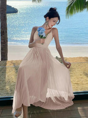 Sexy Elegant Pleated Long Dress For Women Summer V-Neck Backless Holiday Beach Lace-up A-Line Dresses Female Vestidos 2025 New voguable