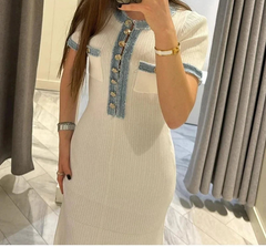 Denim Patchwork Kinitting Fashion Long Dress Tight Single Breasted Chic White Women Dress Versatile Street Summer Spring Vestido voguable