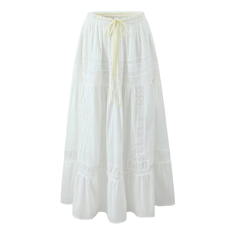Women French Style Romantic Spliced Lace White Long Skirt Ribbon Elastic Waist A-line Summer Skirts Holiday