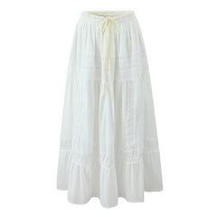 Women French Style Romantic Spliced Lace White Long Skirt Ribbon Elastic Waist A-line Summer Skirts Holiday