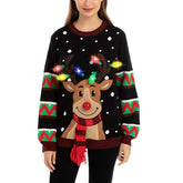 Women LED Light Up Holiday Sweater Christmas Cartoon Reindeer Knit Pullover Top voguable