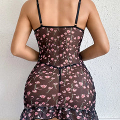 Voguable exclusively for Europe and America new sexy mesh suspender nightdress tulip print pleated slim backless dress voguable