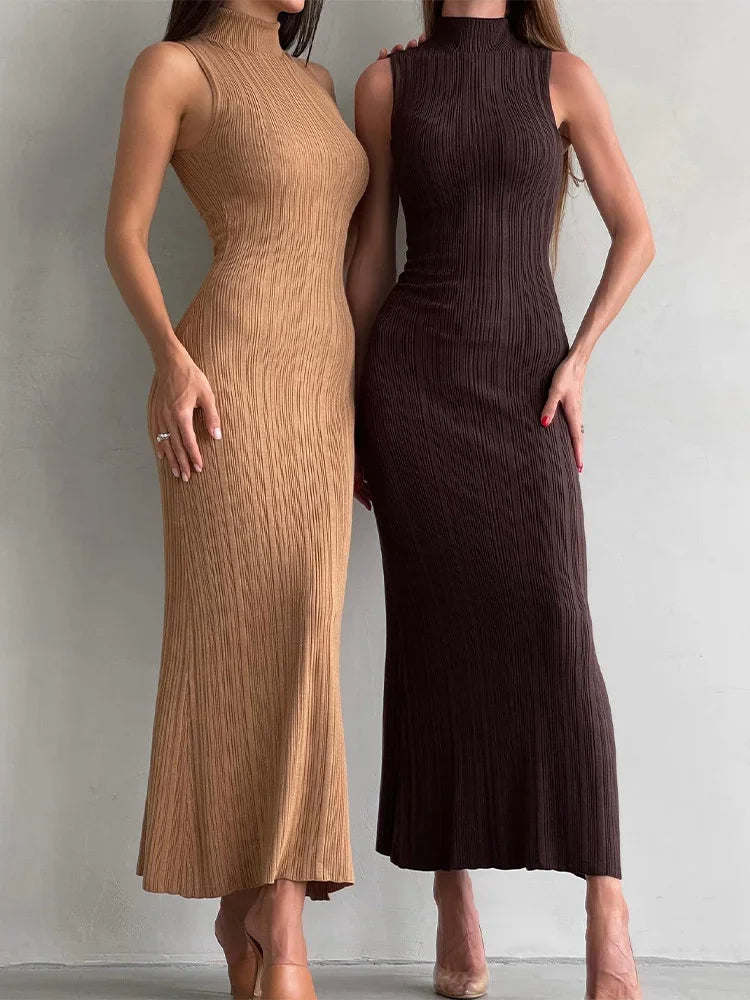 Sleeveless Knitwear Turtleneck Long Dress Female Slim Elegant Fashion Autumn 2023 Ribbed Knit Dress For Women Maxi Dress voguable