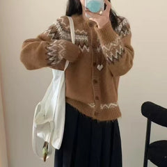 Fair Isle Sweater Cardigan Women Long Sleeve Button-Up Crewneck Knitted Jacket Cardi Female Knitwear Fall Winter Vintage Outfit voguable
