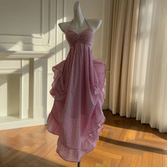 Fashion Check Dress Women's Halterneck Sleeveless Backless A Line Dresses 2025 Summer New Tide 3QW1328 voguable