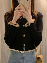 Ruffles Sweet Cardigan Sweaters Women Fashion Slim Long Sleeve Knitted Short Coat Elegant Patchwork Korean Lady Black Tops voguable