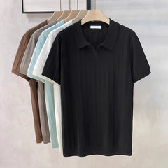 New Men's Clothing Luxury Business V Neck Polo Shirt Casual Slim-fit Knitted Solid Color Short Sleeve T-shirt High Quality Tops voguable