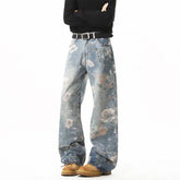 NEW JEANS American hip-hop men and women trendy retro floral print straight leg jeans couples loose wide leg casual pants
