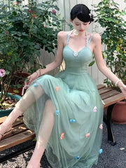 Women's Fairy Spaghetti Strap Midi Dresses Elegant French Mesh 3D Floral Sexy Halther Lace-up Vestidos Beach Holiday Chic New voguable