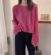 Cable Knit Crop Sweater for Women Long Sleeve Crew Neck Pullover Boxy-fit Plain Jumper Teen-girl Fall Winter Y2K Outfit voguable