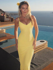 Spaghetti Strap Backless Sexy Maxi Dress For Women Gown Summer New Yellow Sleeveless Bodycon Long Dress Vestido voguable