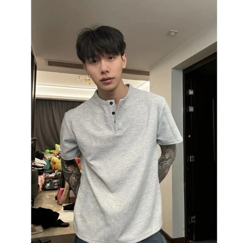 Henley Collar Summer Men Short Sleeve T-Shirt Waffle Button Casual Solid Color T Shirts Loose Comfortable Breathable Beach Tops voguable