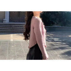 Purple Camellia Knitted Cardigan Women Korean Wear Chic and Beautiful Short Tops and Jackets in Early Autumn voguable