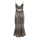 Women Sexy Backless Leopard Print Sling Dresses Fashion Swinging Collar Night Out Party Dresses Midi Long Robe