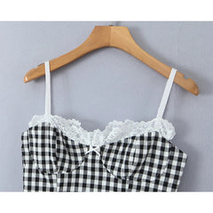 High Street Women Lace Patchwork Plaid Camis Sexy Sleeveless Slim Fit Crop Top Summer Chic Lady Party Tops voguable