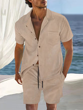 New Casual Solid Color Corduroy Suits Mens Leisure Button Lapel Short Sleeve Shirts And Shorts Outfits Men Summer Two Piece Sets voguable