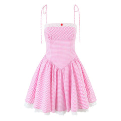 Sexy Spaghetti Straps pink Plaid Mini Dress Women Embroidery Lace Spliced Elegant A-line Summer Dresses Party Robe 2025 voguable