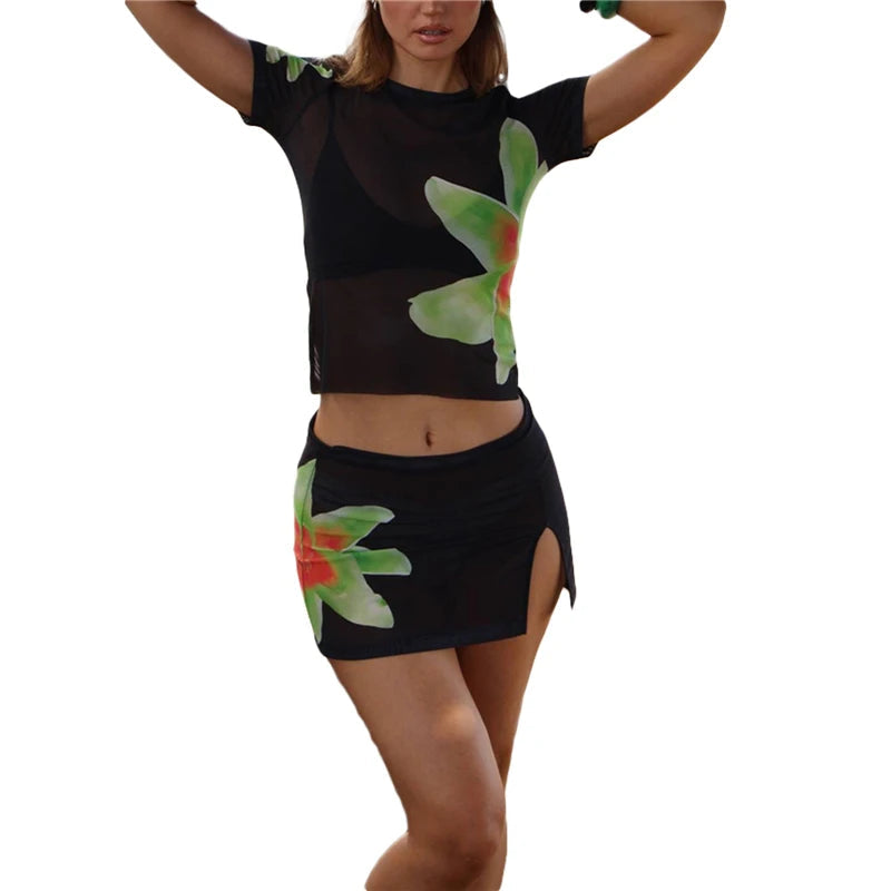 y2k Outfits 2 Piece Set Women Floral Print Short Sleeve Tank Top and Short Skirt 2000s Aesthetic Clothing Streetwear voguable