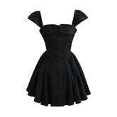 Sexy Women Front Slit Button Chic Fit Slim Black Mini Dresses Cape Short Sleeve Low Waist Elegant Evening Party Dresses