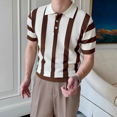 Men's Clothing Urban Fashion Striped Knit Polo Shirt Casual Business Slim Short Sleeve T-shirt Chic Hollow Out Breathable Tops voguable