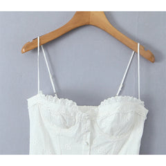 Summer Women Hollow Out Embroidery White Sling Mini Dress Bone Slim Low Waist Sexy Sweet Dresses Female Cotton Robe